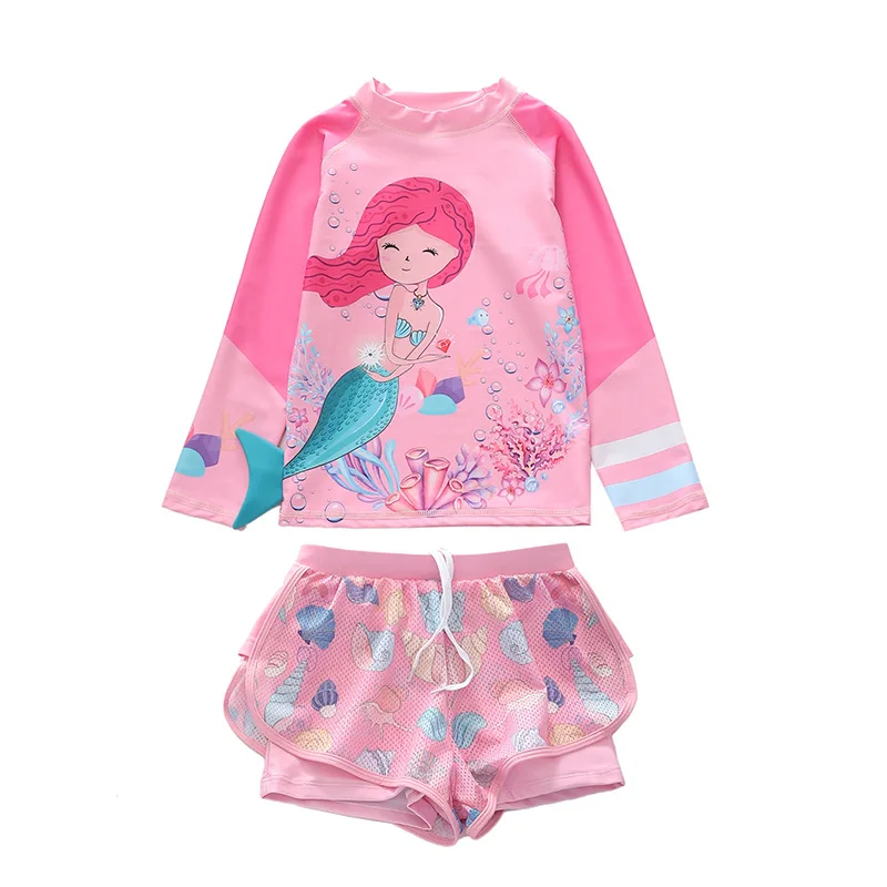 HappyFlute Summer Hot Sale Fashion Style Mermaid Pattern Girls' Separate Long Sleeve With Pant Sunscreen&Waterproof Swimsuit