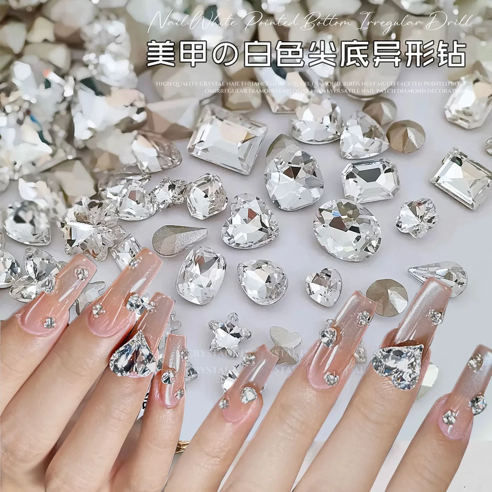 

50pcs K9 Clear Mixed Nail Rhinestones Luxury Zircon Glitter Crystal Diamond 3D Point Bottom Nail Gem Crafts DIY Accessories Deco