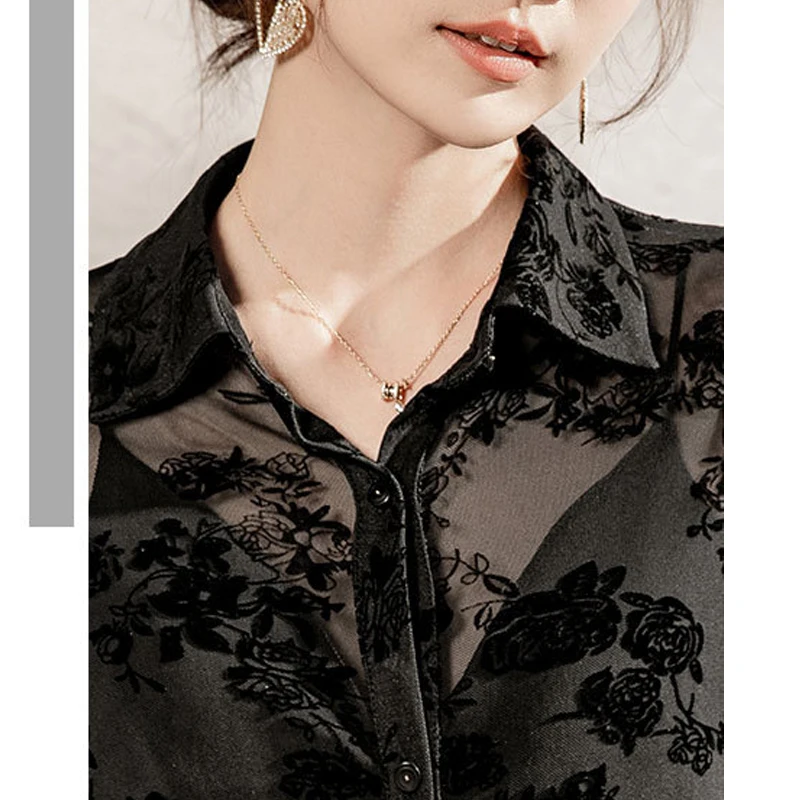 MadBlack-여성용 유럽 몰려 셔츠, 섹시한 옷깃 자수, 빈티지 긴 소매 루즈 쉬어 블라우스, 2025 여름 T54331CC