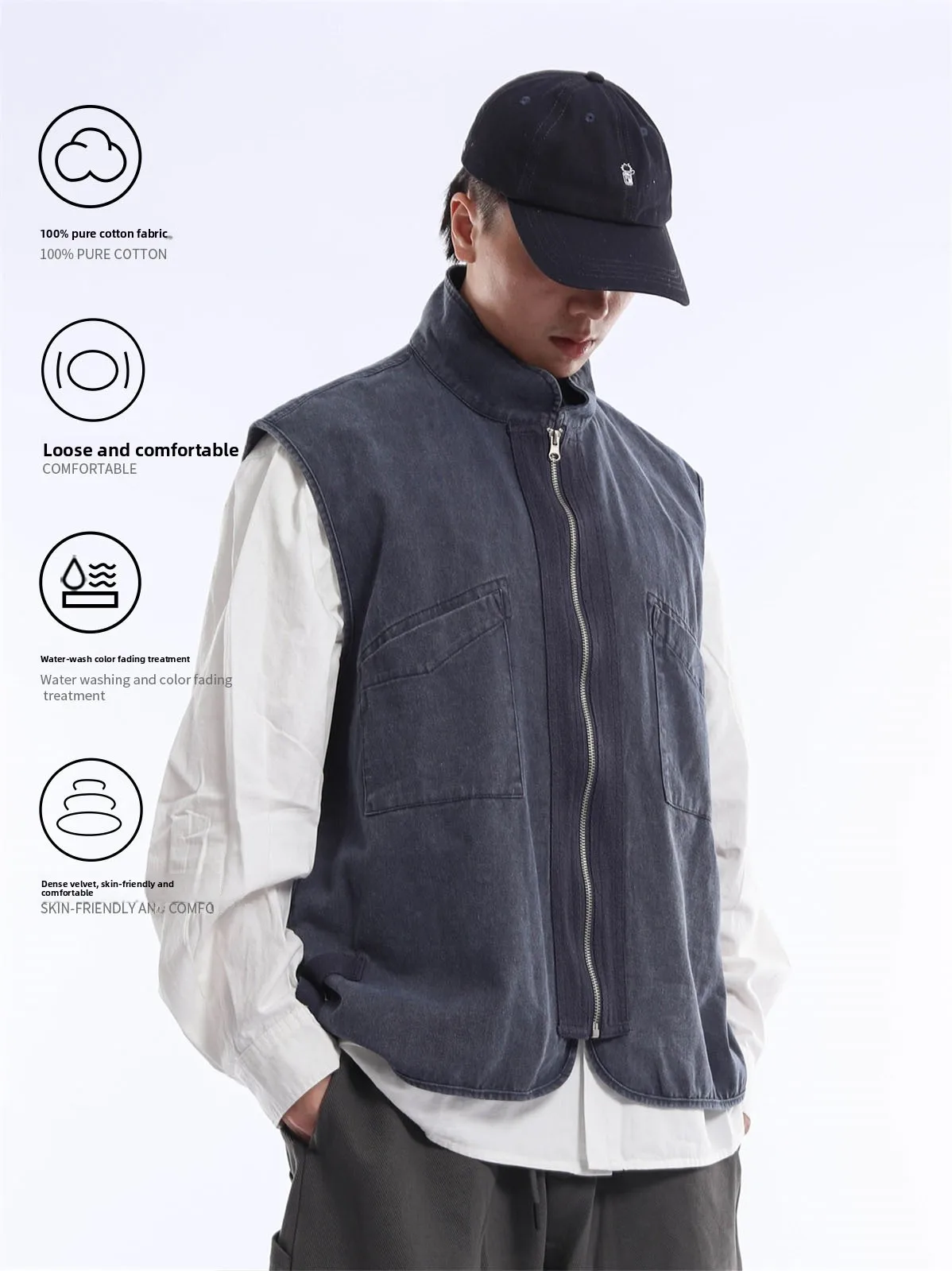 Retro Japanese Style Zipper Front Original Color Denim Blue Vest Washed Workwear Style Sleeveless Collared Loose Men's Vest