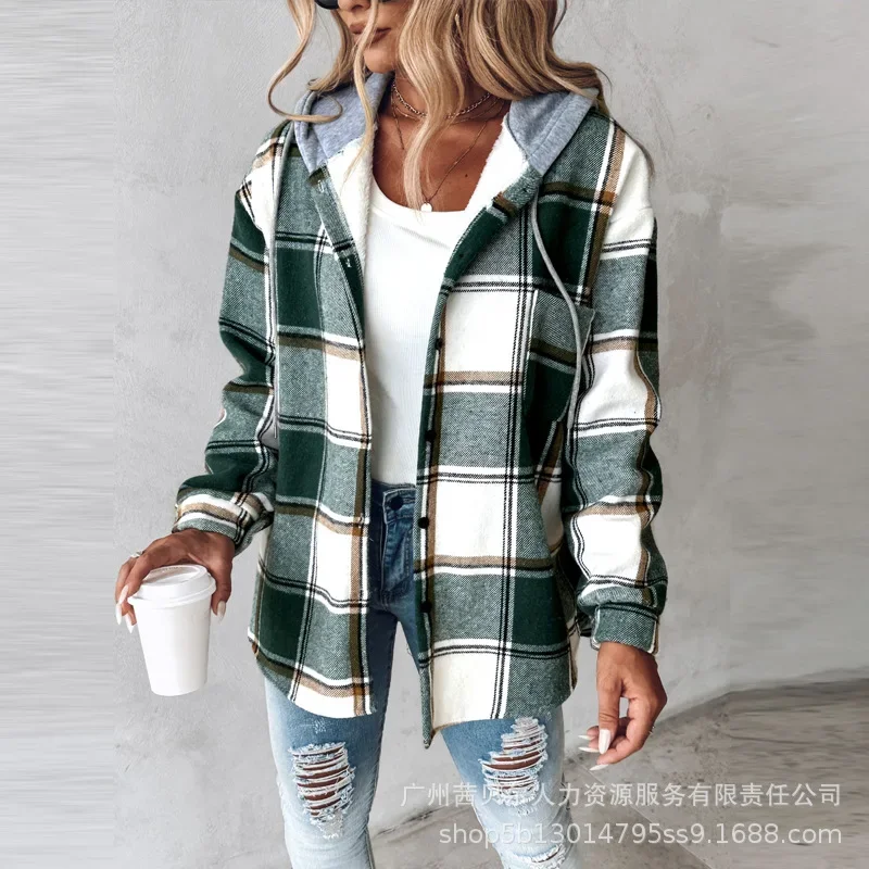 2024 Summer New Women\'s Mid-Length Plaid Hooded Jacket Casual Fashion Shirts Long Sleeve Shacket