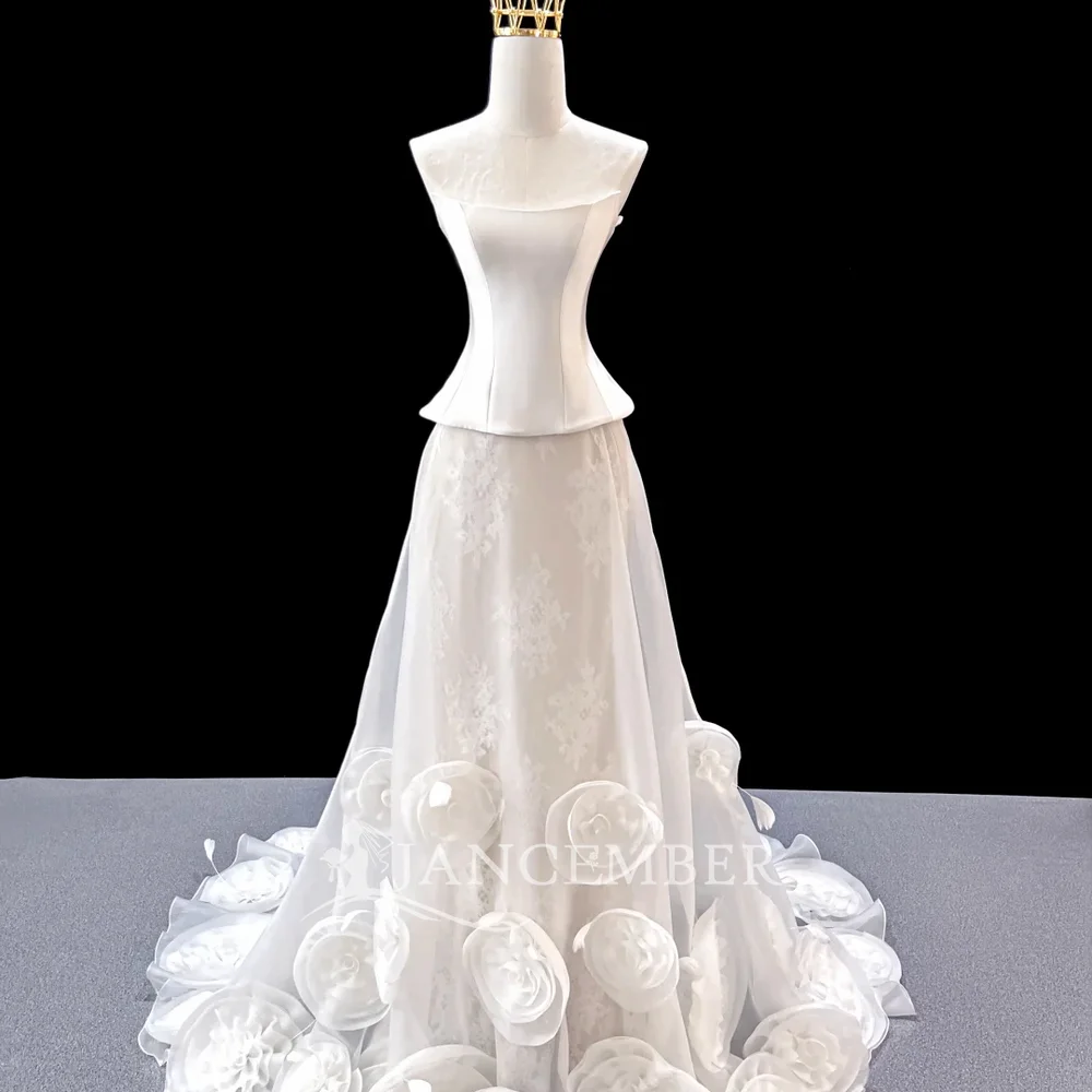 Elegant White A-line Customized Wedding Dress Strapless Corset Peplum Lace 3D Roses High-end vestidos de novia boda