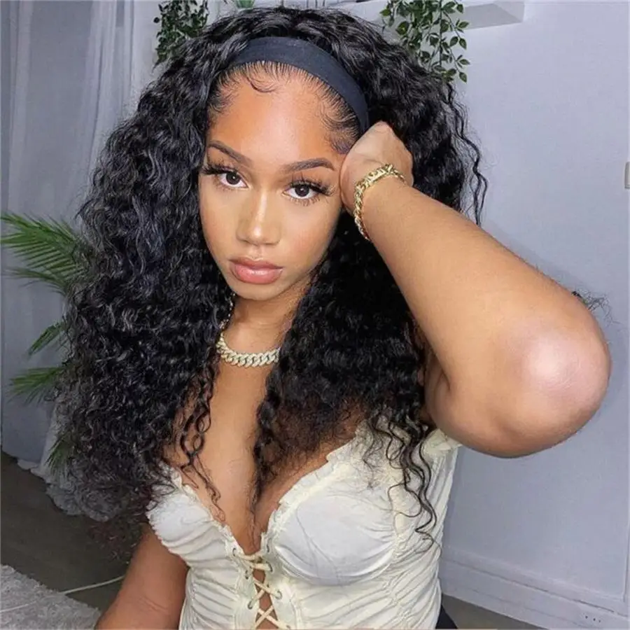 Water Wave No Glueless Human Hair Wigs Brazilian Deep Cruly Headband Wigs For Black Women Machine Made Cheap Wig