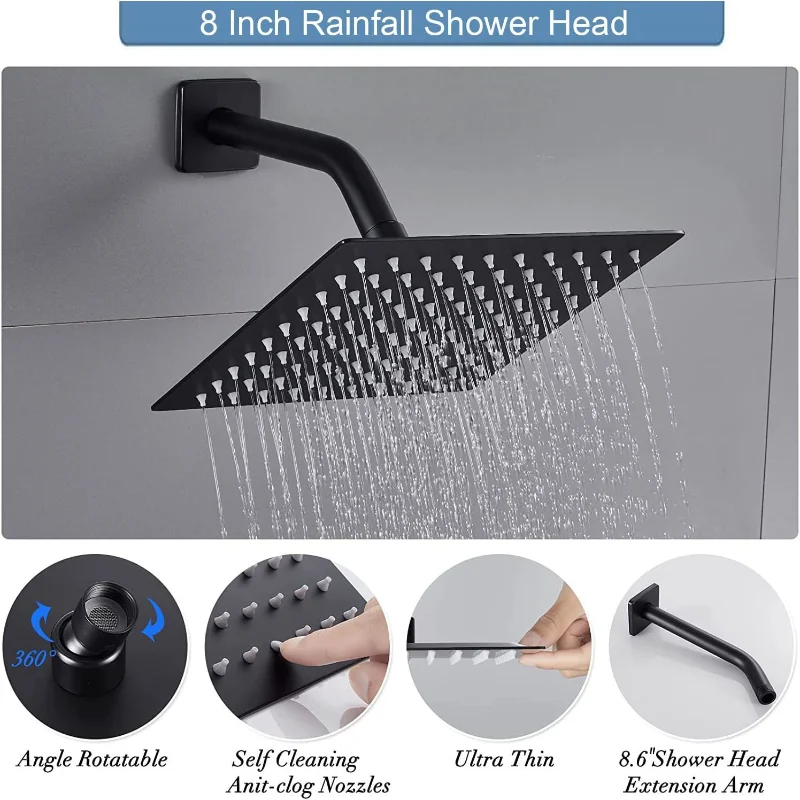 8/10 Inch Bathroom Shower Faucet Black Rain Shower System Stainless Steel Square Top Spray Set High Pressure Shower Set Mixer