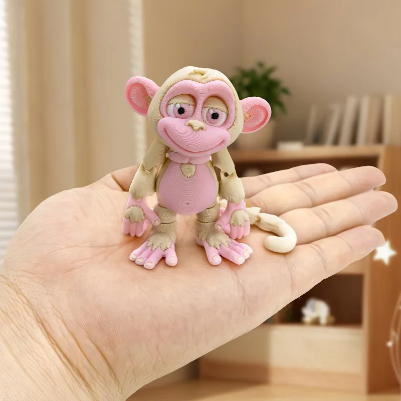 Cute Multi-Color 3D Printed Pink Monkey, Palm Size Mini Articulated Figure, Full Body Movable Doll Sculpture