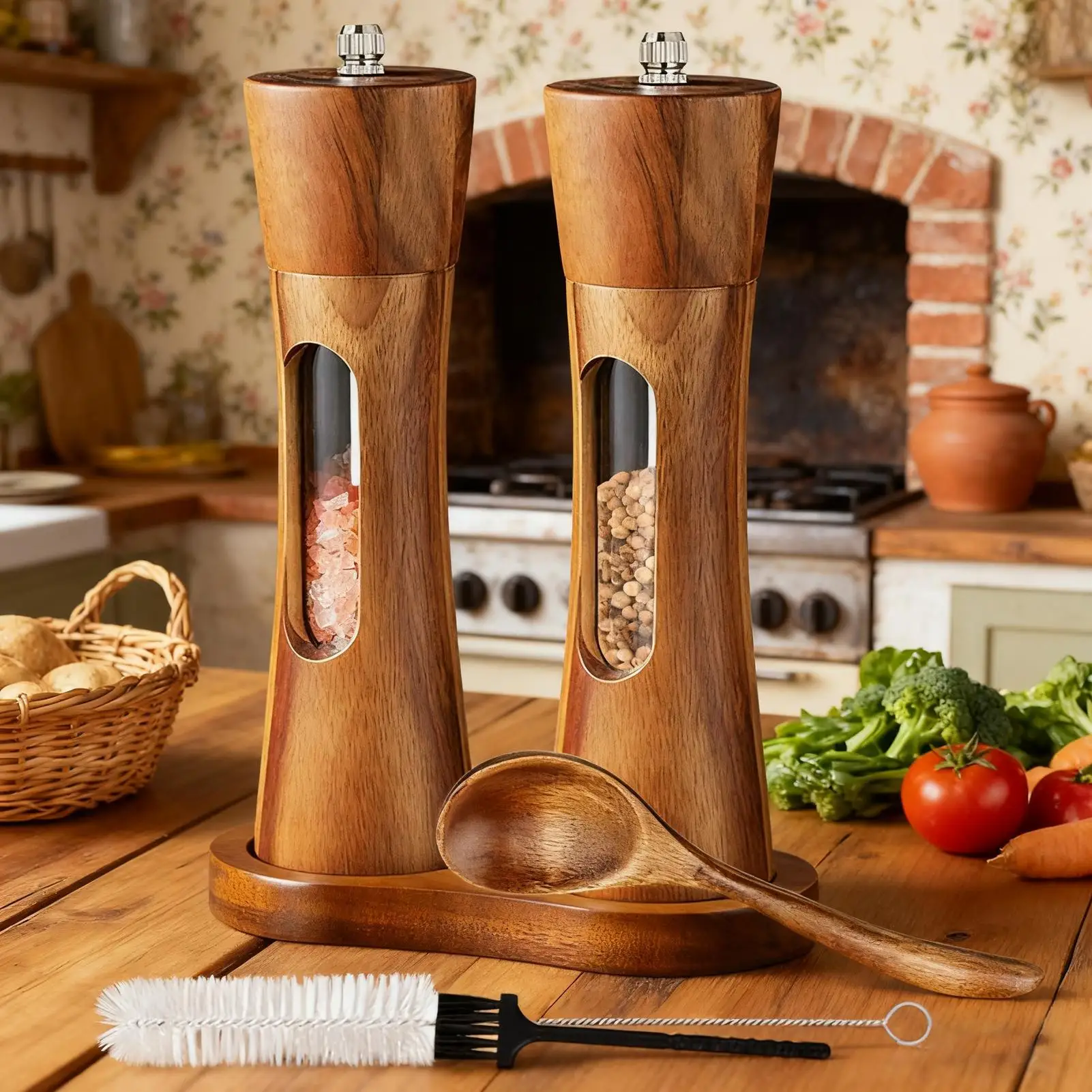 

Pepper Grinder Manual Wooden with Ceramic Rotor Spoon Salt and Pepper Mill Manual Tool Set for Seasoning Home Kitchen Restaurant