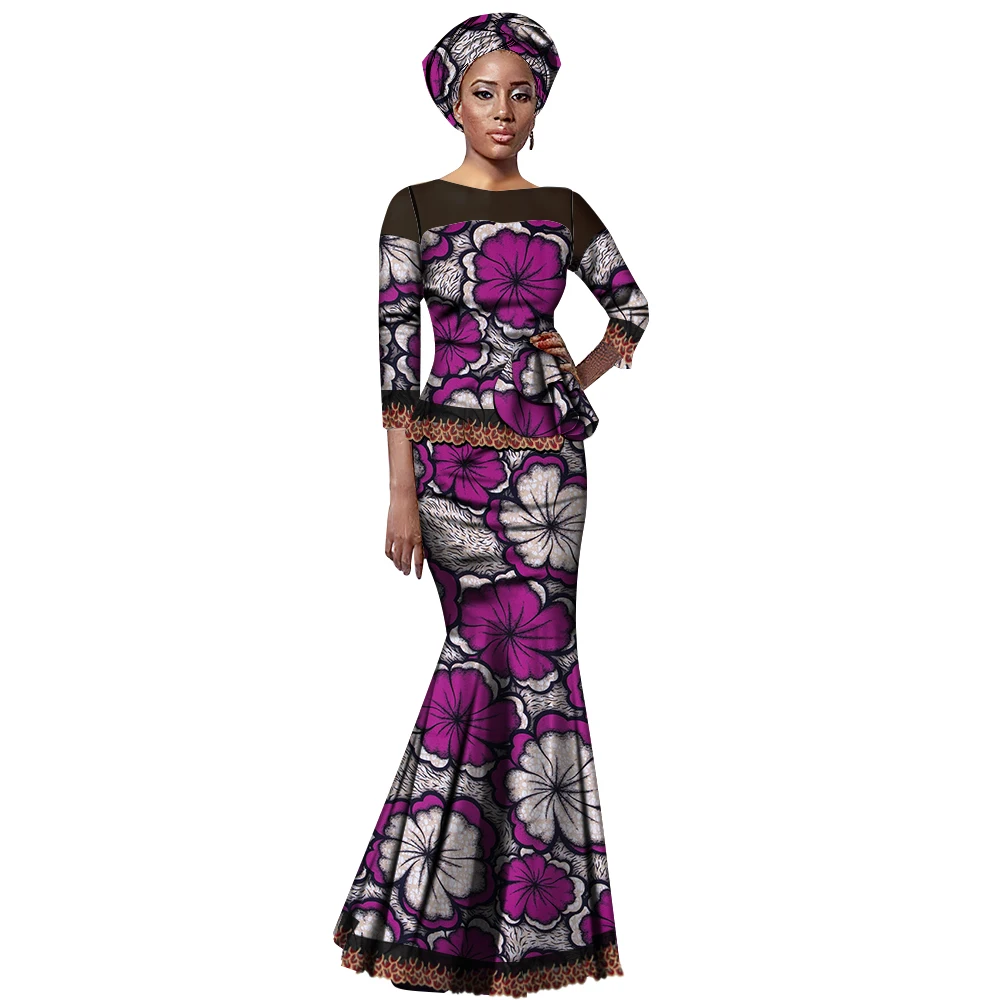 

African Skirt Sets for Women Africa Wax Print Dashiki Tops and Long Skirt Headwrap Women Clothing Plus Size WY2030