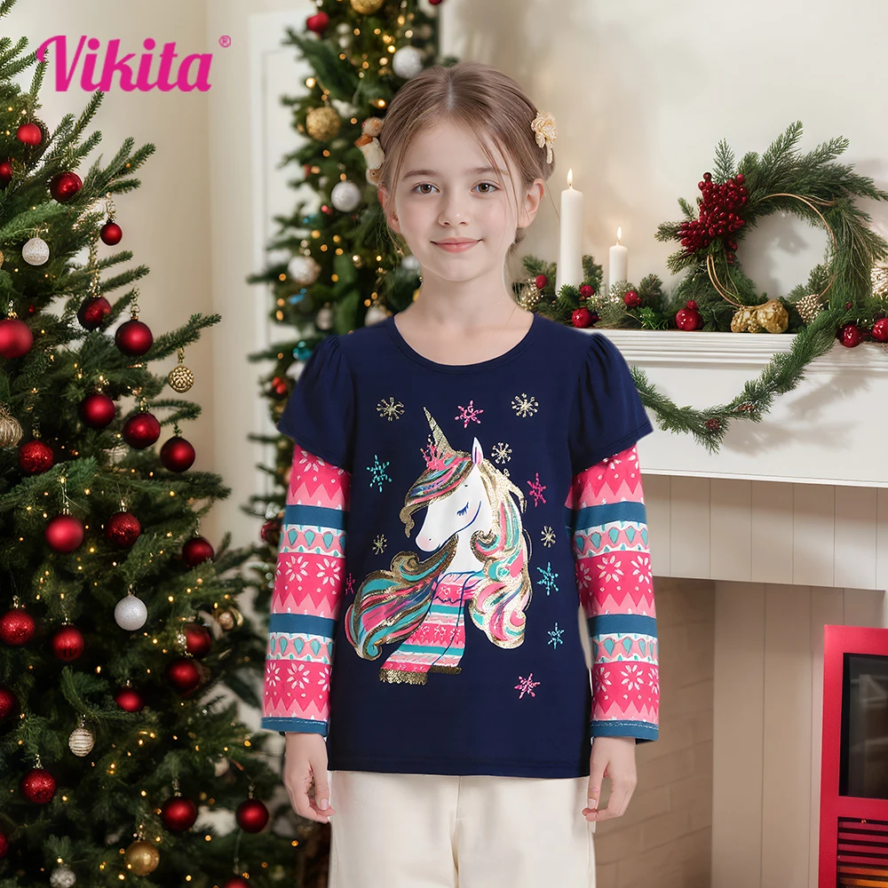 

VIKITA 2025 New Girls Long Sleeve Snowflake Print Tops Girls Christmas New Year Xmas Gifts Toddlers Cotton Casual T Shirt Tees