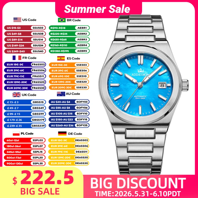 

AddiesKin Men Watches Mother-of-pearl Dial Automatic Watch Sapphire Crystal 100m Waterproof Luminous Stainless Luxury Wristwatch