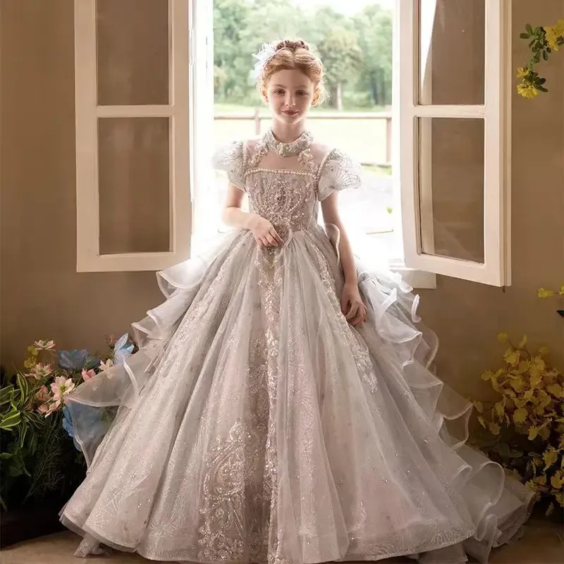 

Custom Luxury Gray Flower Girl Dress Beaded Train Princess Gown for Baby Toddler Wedding, Birthday, Communion, and Evening Party