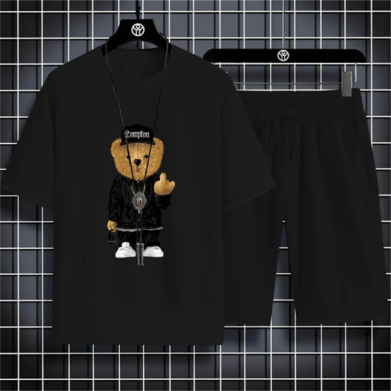 T-shirt et short College en 3D avec graphique d\'ours beurre, ensemble deux pièces, vêtements de rue à la mode, été respirant, col rond, manches