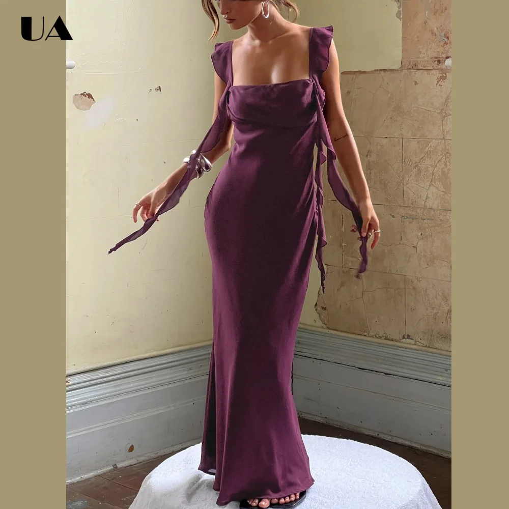 

ULBYANRN Elegant Chiffon Square Neck Ruffled Prom Dress for Woman, Simple Solid Evening Dress, Customized Sleeveless Party Dress