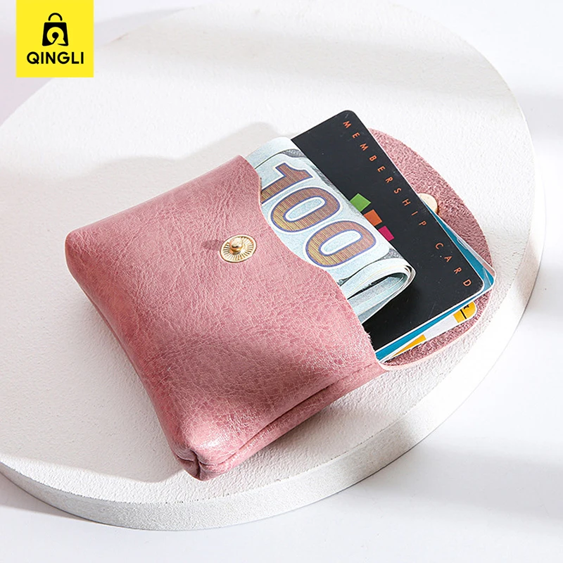 Leather Sewn Hasp Coin Purse Mini Wallet for Women Bus Card Credit Card Package Small Portable Retro Earphone Key Storage Bag