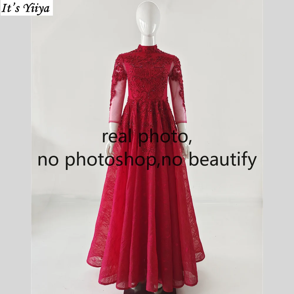 

It's Yiiya Real Photo Evening Dress Wine Red Beads Plus Size Robe De Soiree Appliques 3/4 Sleeves Women Formal Party Gowns V134