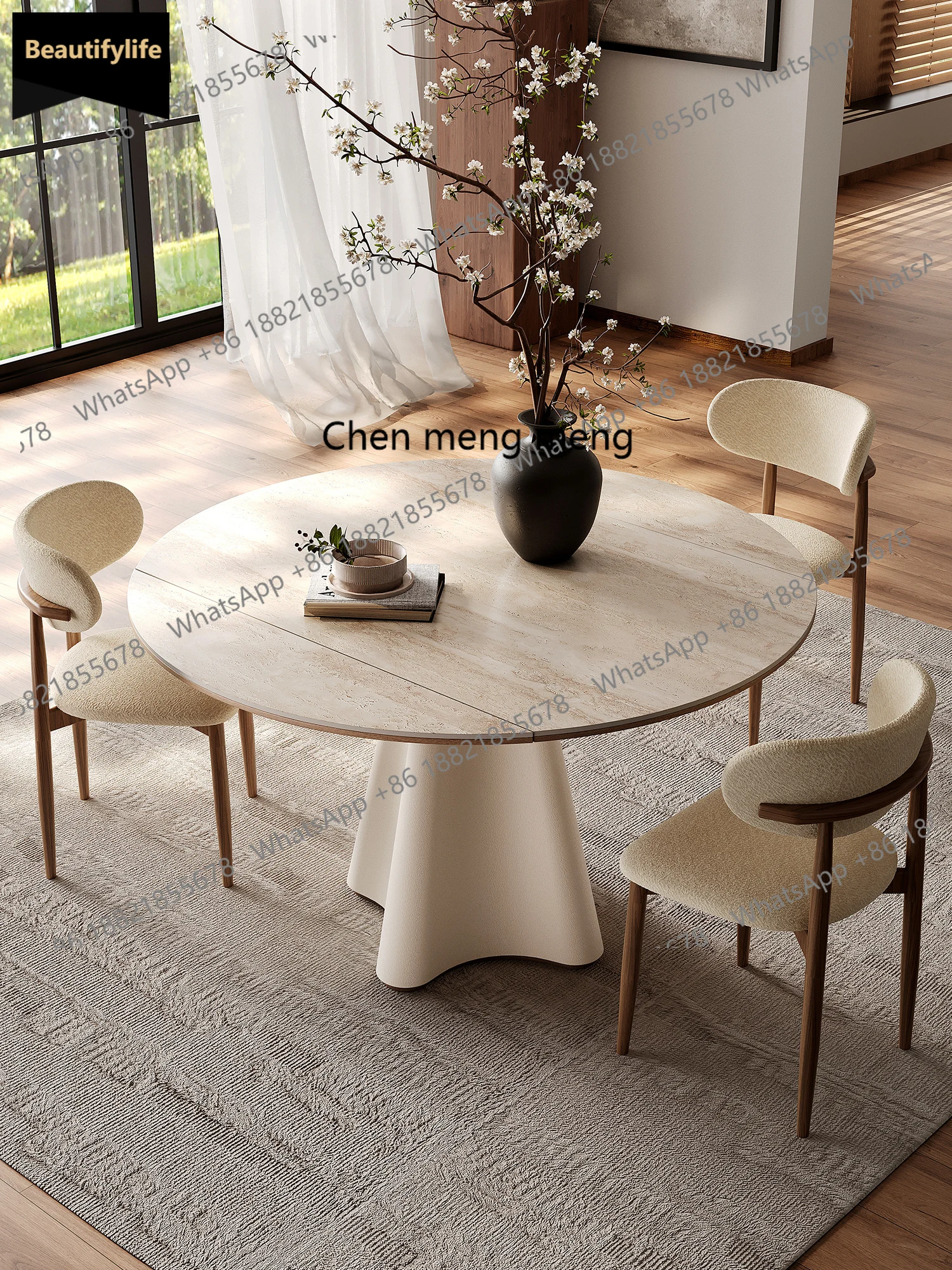 

A139 French rock slab dining table variable round household solid wood dining table cream style dining table simple