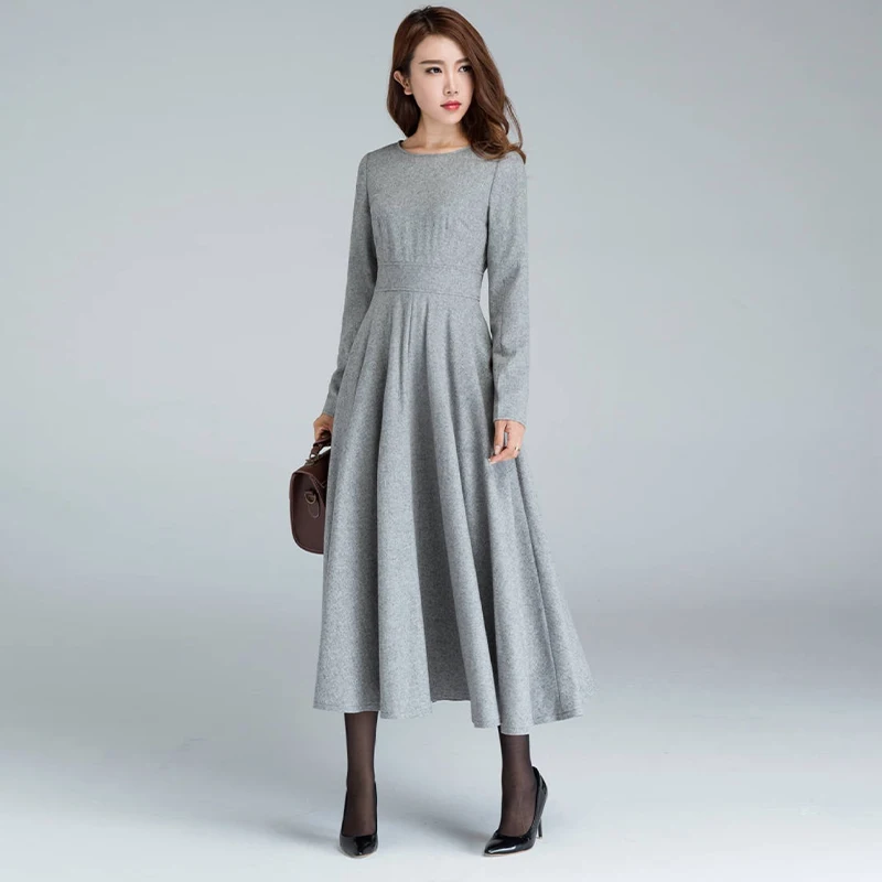 2026 Women's Sophisticated Grey Wool-Blend Flared Dress – Long Sleeve, Cinched Waist, Elegant A-Line Swing Skirt for Daily Wear