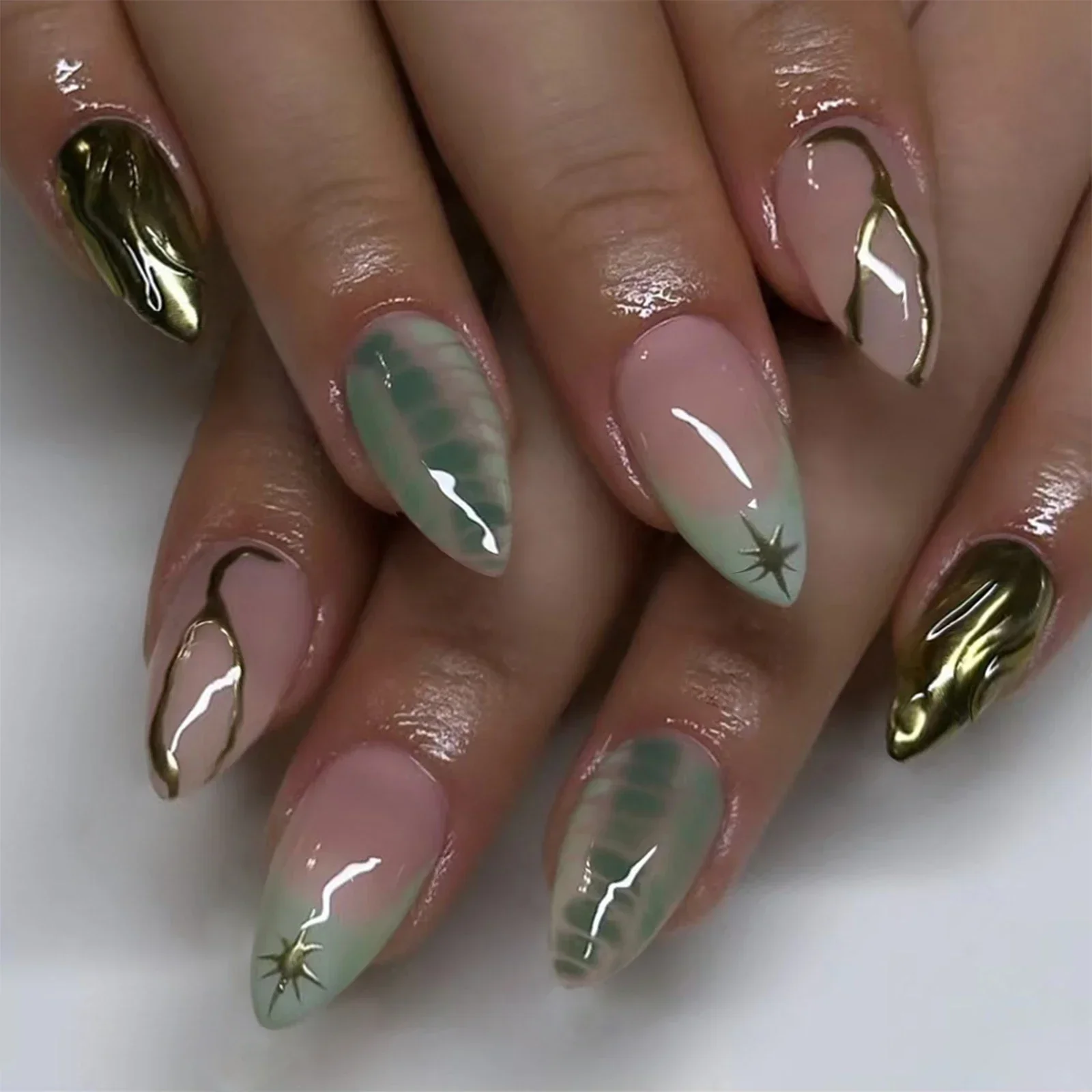

24Pcs Metallic Almond Press on Acrylic Nails Cool 3D French Wearable Nail Full Cover Glossy Artificial Nail Tips for Women Daily