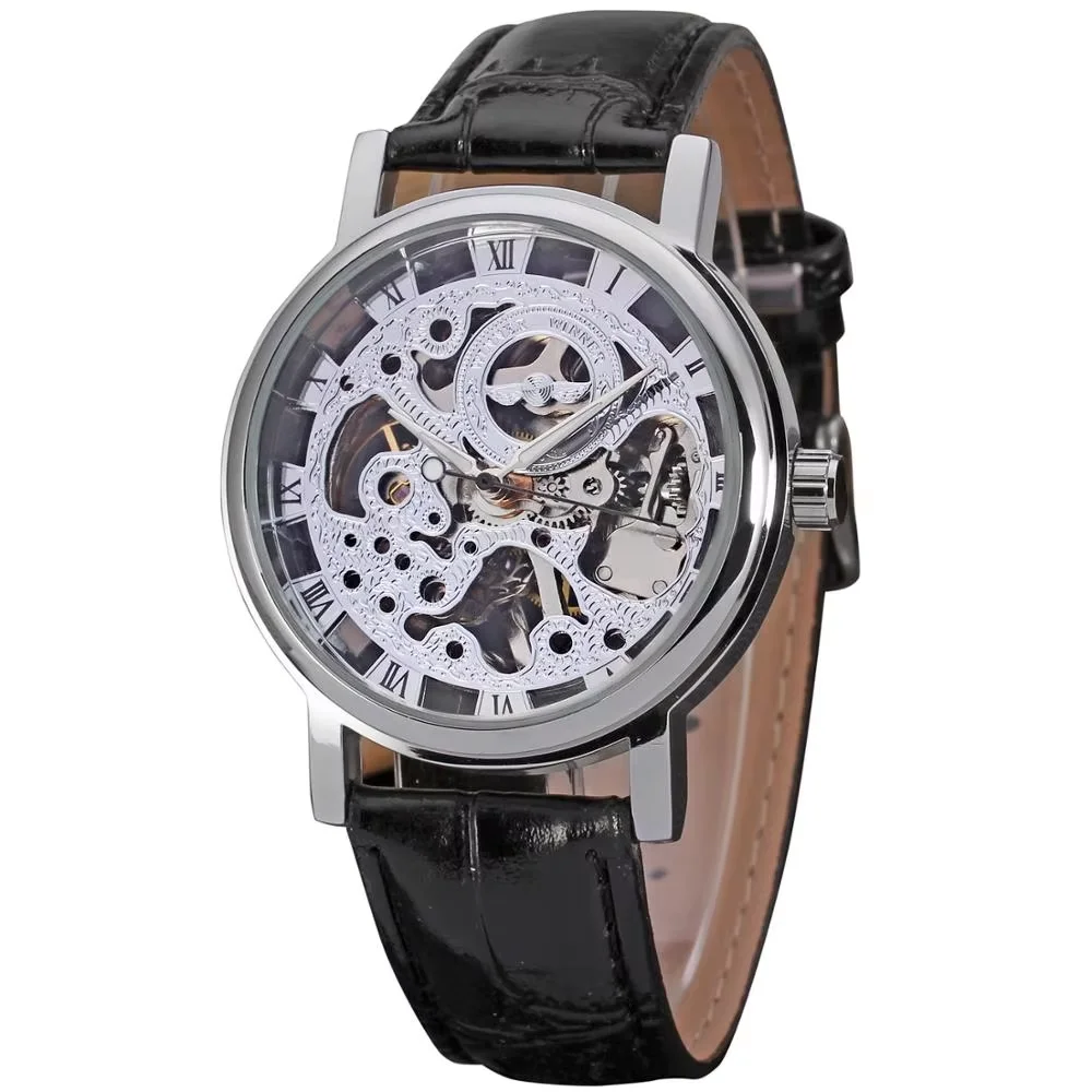 WINNER  Fashion trend men's and women's watches leather strap hollow dial automatic mechanical watches