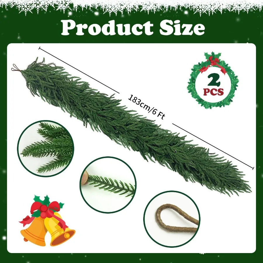 6 Ft 2 Pcs Artificial Norfolk Pine Garland with Real Touch Texture for Christmas Table Centerpiece Mantle Decoration Wall Hangi