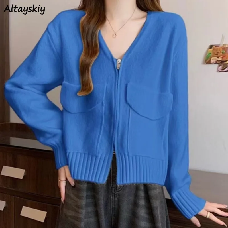 

Cardigans Women Zipper Solid Korean Style Cozy Pockets V-neck Simple Streetwear Autumn Winter Ins Female Tops Warm College New