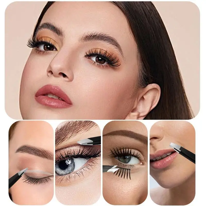 Colorful Stainless Steel 4 Pcs Tweezer Set For Women And Men's Eyebrows & Eyelashes Comes With Storage Bag