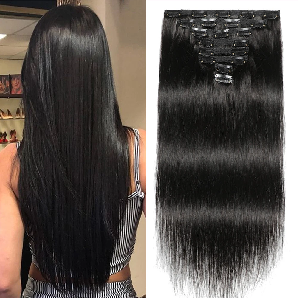 

Наращивание волос на заколке, прямые волосы в наборе с 20 зажимами, 120 г, двойной уток, 100% человеческие волосы, натуральный черный цвет для женщин