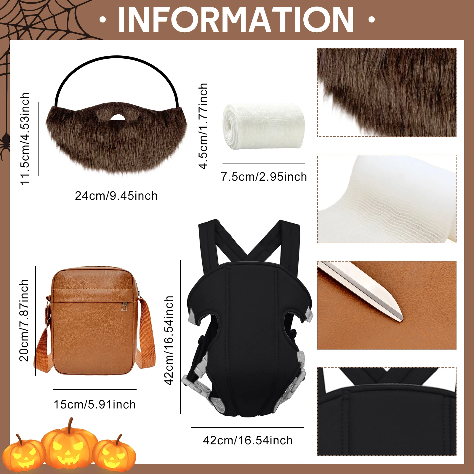 Hangover Costume Halloween Accessories Set, Doll Baby Carrier Brown Wig Fake Beard Film Character Role-Playing Cosplay Costume