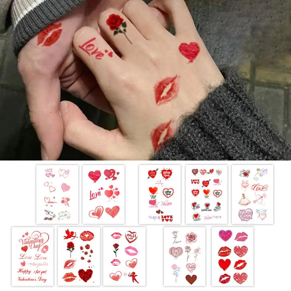 10Pcs Temporary Tattoo Stickers Red Love Heart Lips Rose Waterproof Fake Decals Body Art Tattoos for Valentine's Day Birthdays