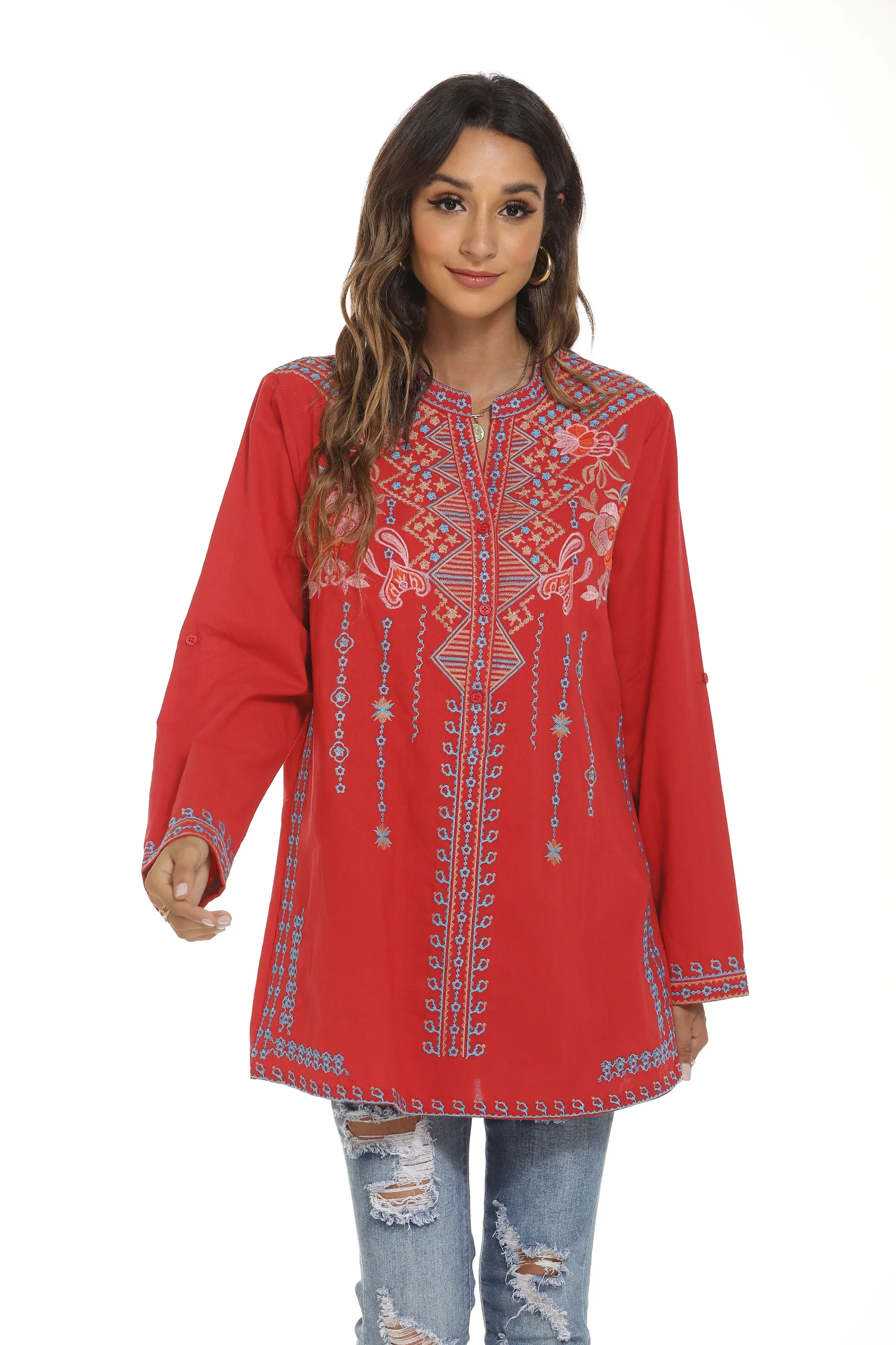 Eaeovni Embroidered Tops Long Sleeve Women\'s Mexican Boho Peasant Casual Loose Tunics Fall Blouse Shirts For Women Women Tops