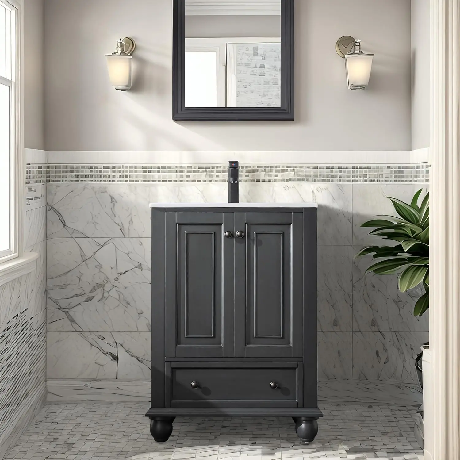 *24 Inch Retro Black White Easy Installation Floor Standing Bathroom Cabinet for Small Spaces