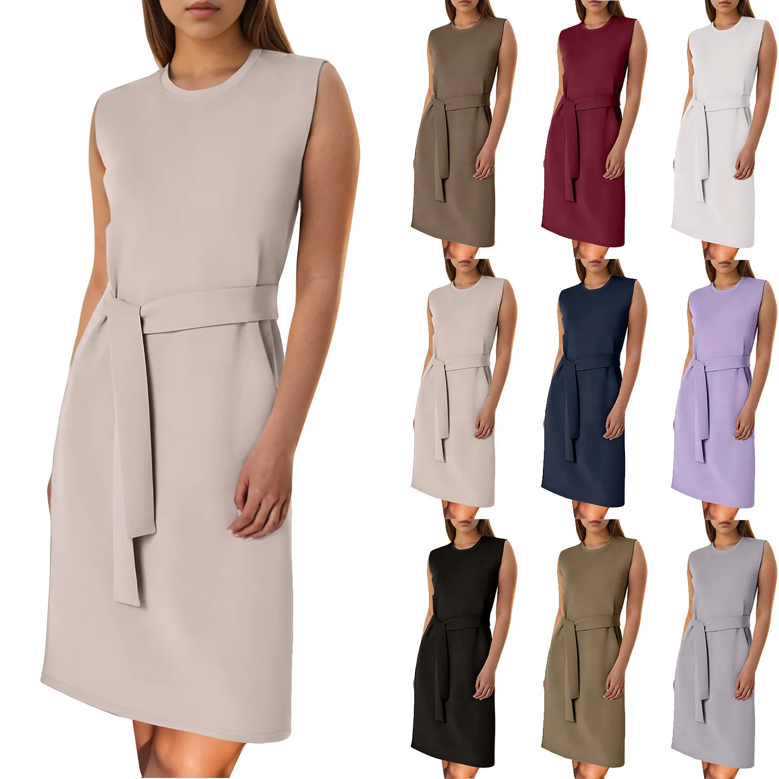 Women New Elegant Dress High Waist Round Neck Sleeveless Tank Dress With Pockets Daily Commute Classic Straight Dress With Belt