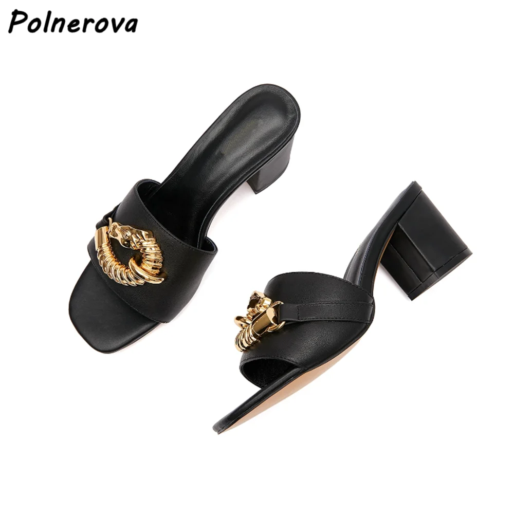 

Metal Decoration Solid Slippers Chunky Heels Slip On Slingback Leather Slipper Shoes Women's Summer Fashion Runway Shoes 2025