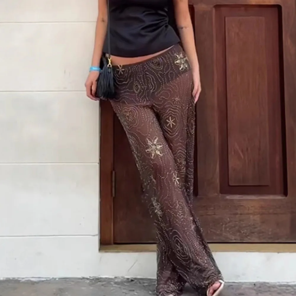 

Summer Shiny Sequins Wide Leg Pants Women Elegant Loose Beading Snowflake See Through Trousers New Lady Holiday Outerwear