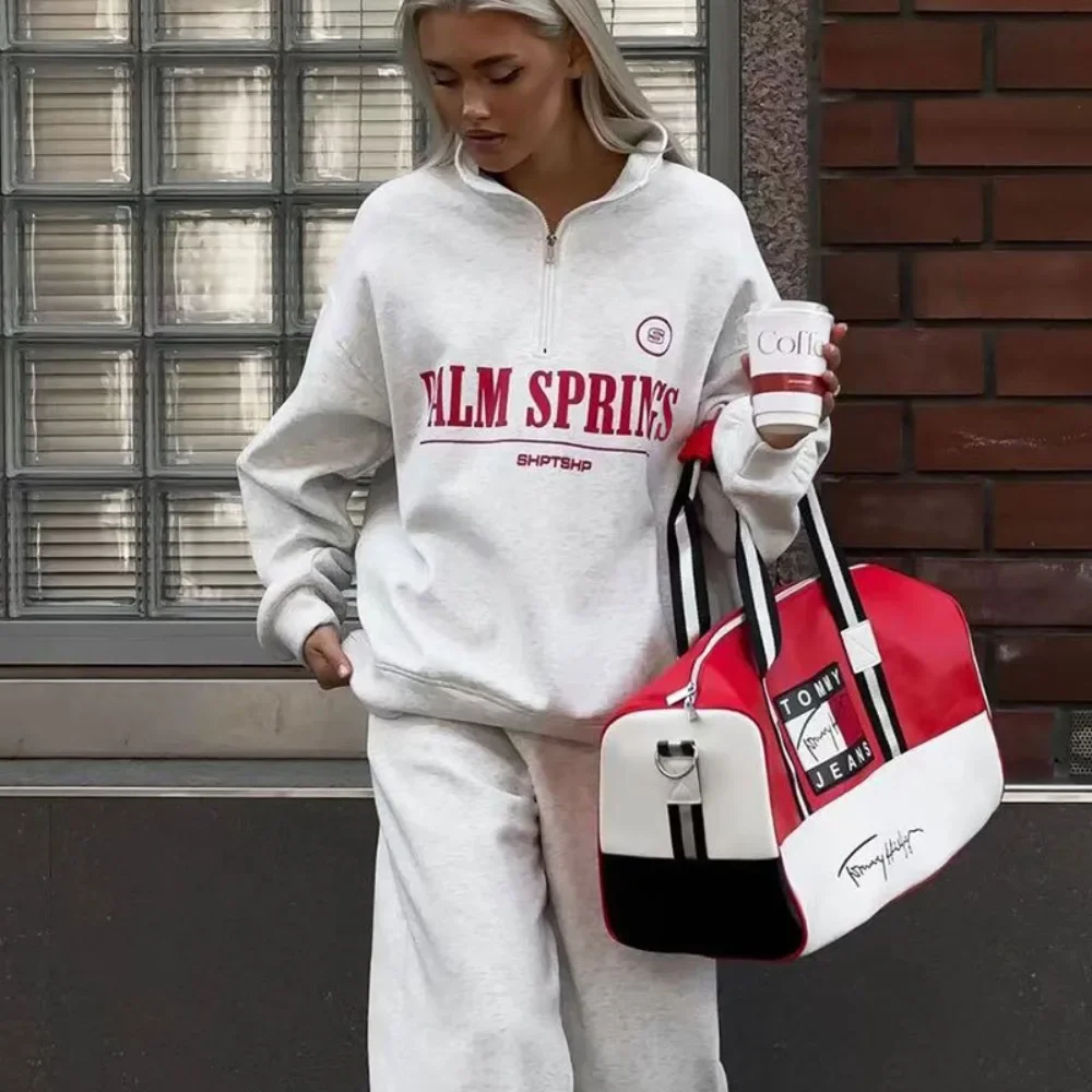 هوديس المرأة إلكتروني طباعة البلوز هوديي الأحمر الياقة المدورة نصف سستة طوق البلوز القمم K البوب الملابس Y2k