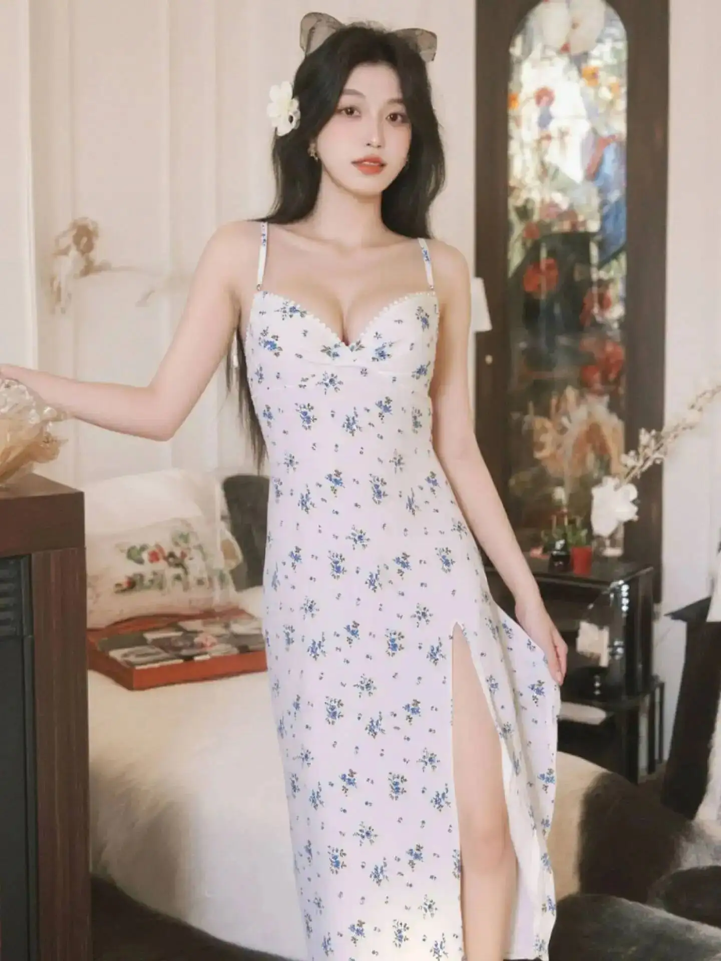 Pure Desire – robe florale à col en v pour filles, élégante, Sexy, fendue, chemise de nuit, vêtements de maison, décontractée, sans manches, charmante, 9AUS