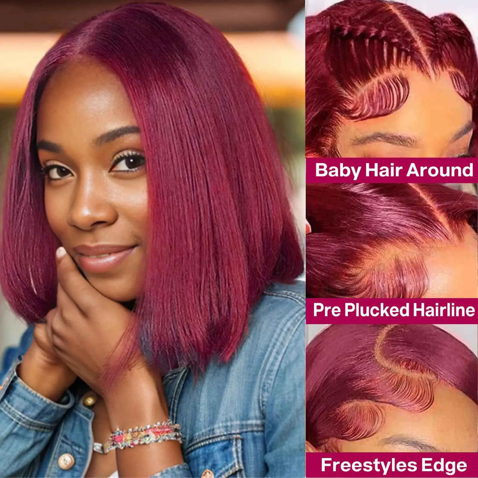 14-дюймовый 99j Бордовый Короткий Боб Парик Прямой Парик Человеческих Волос 13x4 Hd Кружевные Фронтальные Парики Для Женщин 200 Плотность Красного Цвета Волос Remy