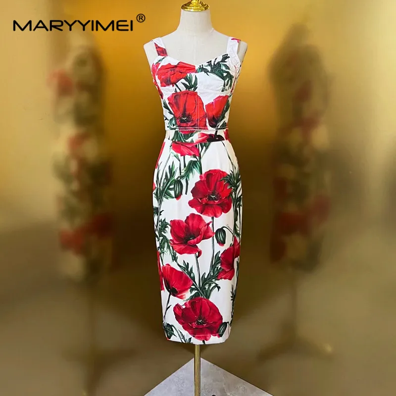 MARYYIMEI Fashion Designer Suit Summer Women\'s Spaghetti Strap Square Collar Carnation Print Top+Skirt 2 Pieces Set