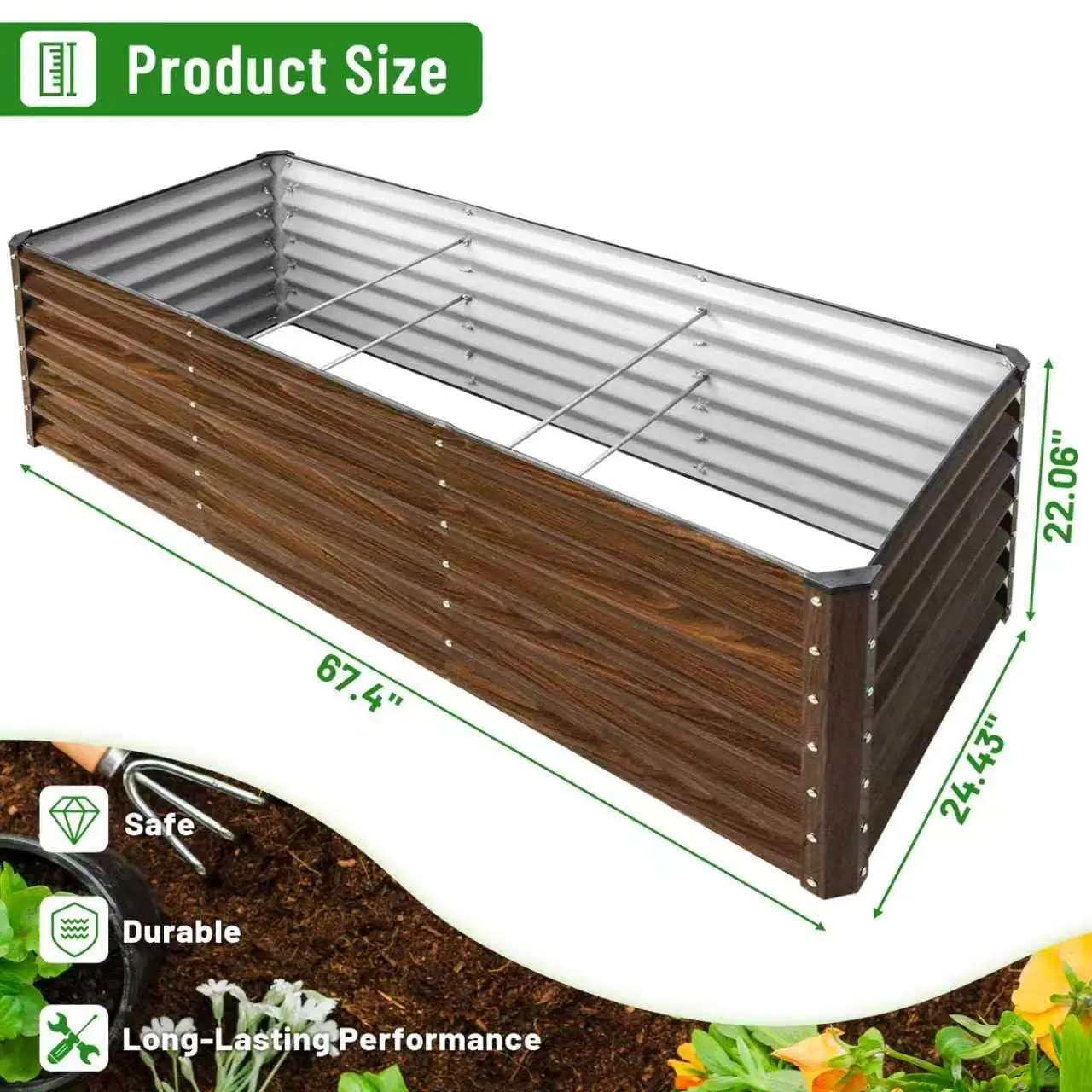 2-Pack 6x2x2FT Galvanized Raised Garden Bed Kit, Metal Planter Box for Planting Plants Vegetables, Brown
