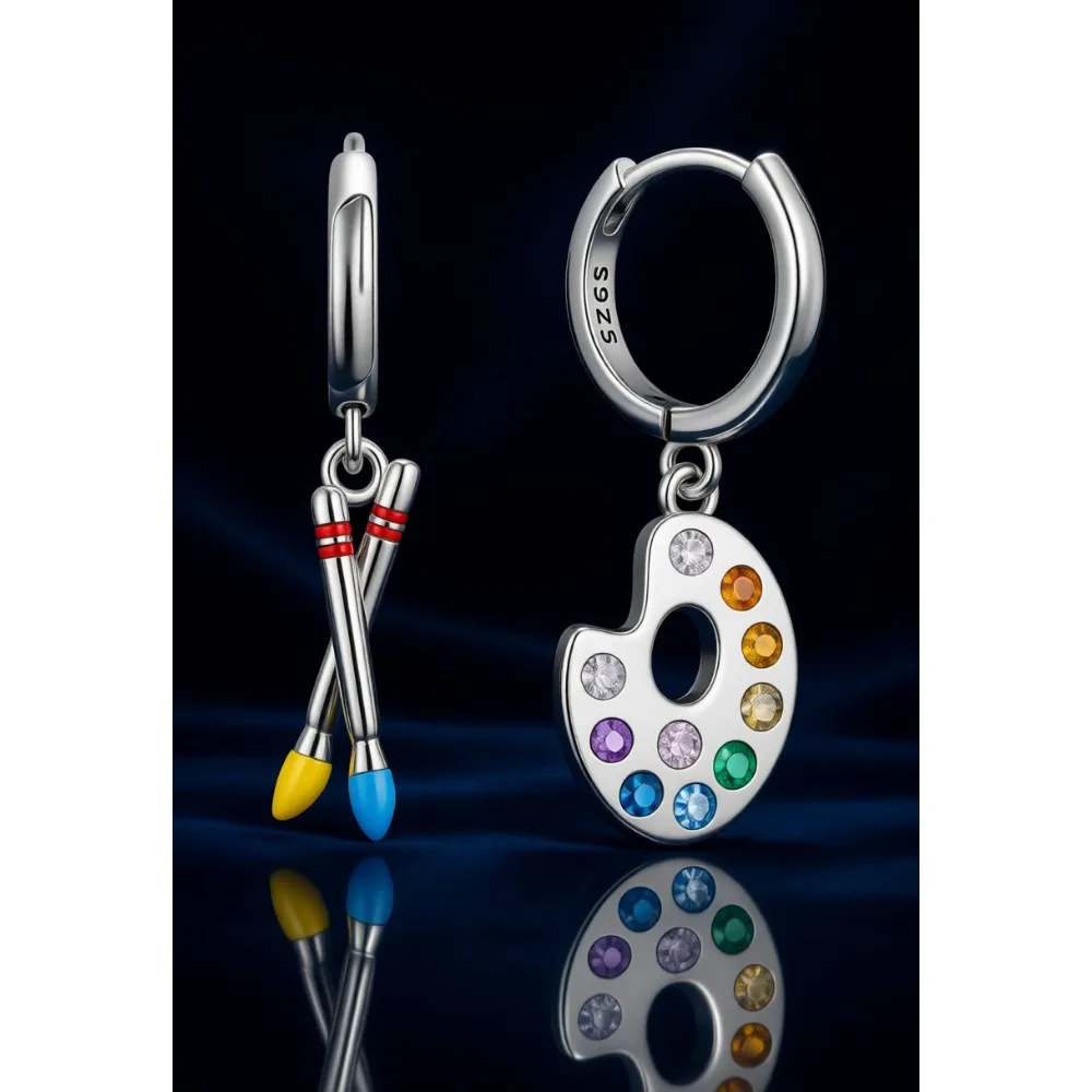 Pendientes Colgantes Asimétricos Coloridos de Plata de Ley, Aros Desiguales con Dijes Personalizados para Mujeres y Adolescentes