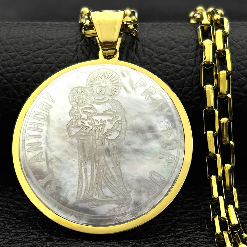 يسوع سانت أنتوني الصلاة لنا قلادة قلادة للنساء الرجال الفولاذ المقاوم للصدأ الذهب اللون قذيفة الدين ميدالية سلسلة مجوهرات #4