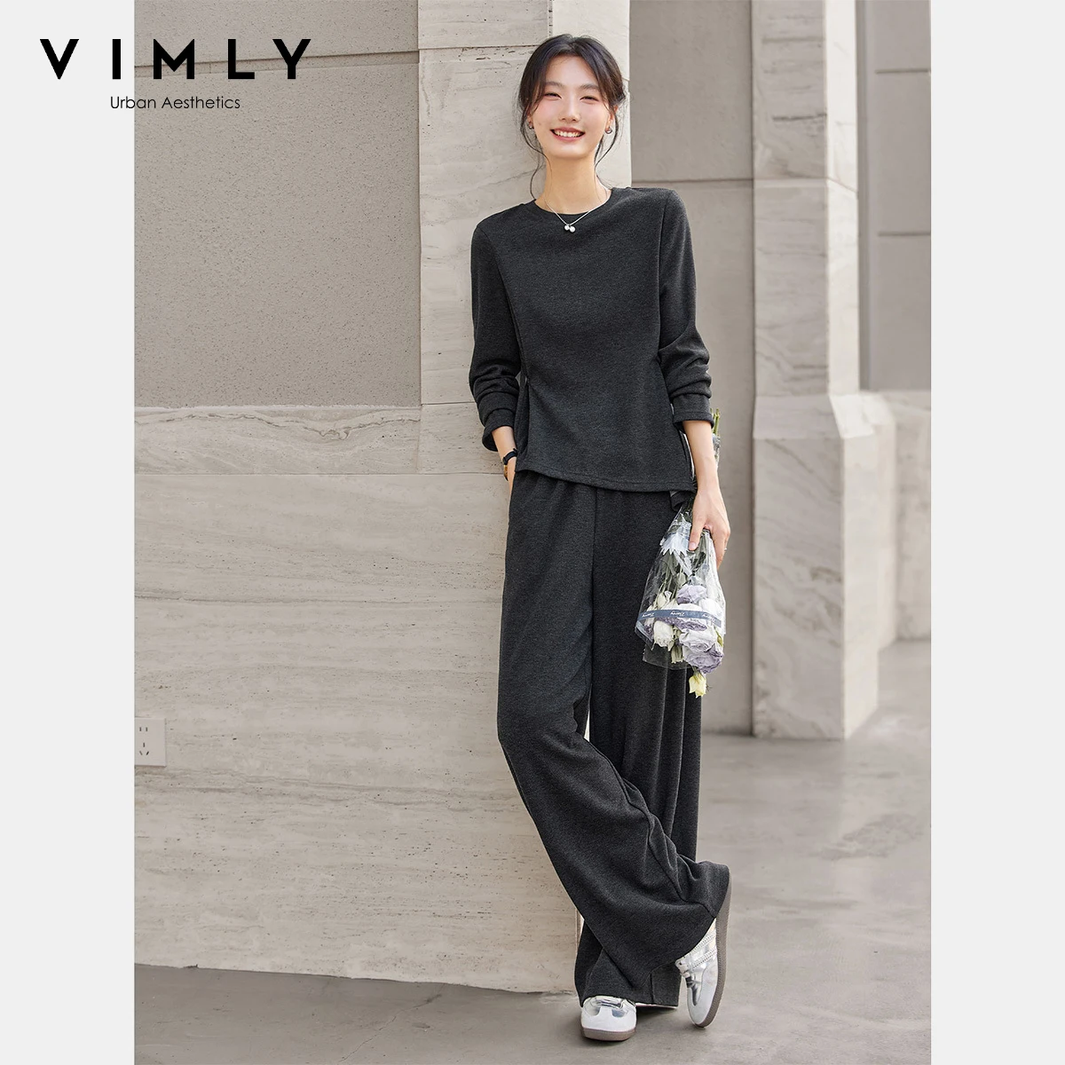 

VIMLY Women's Sports Gray Pant Suit Casual Round Neck Knit Tops Autumn 2025 Wide Legs Long Pants Two-piece Ladies Pant Set A2576