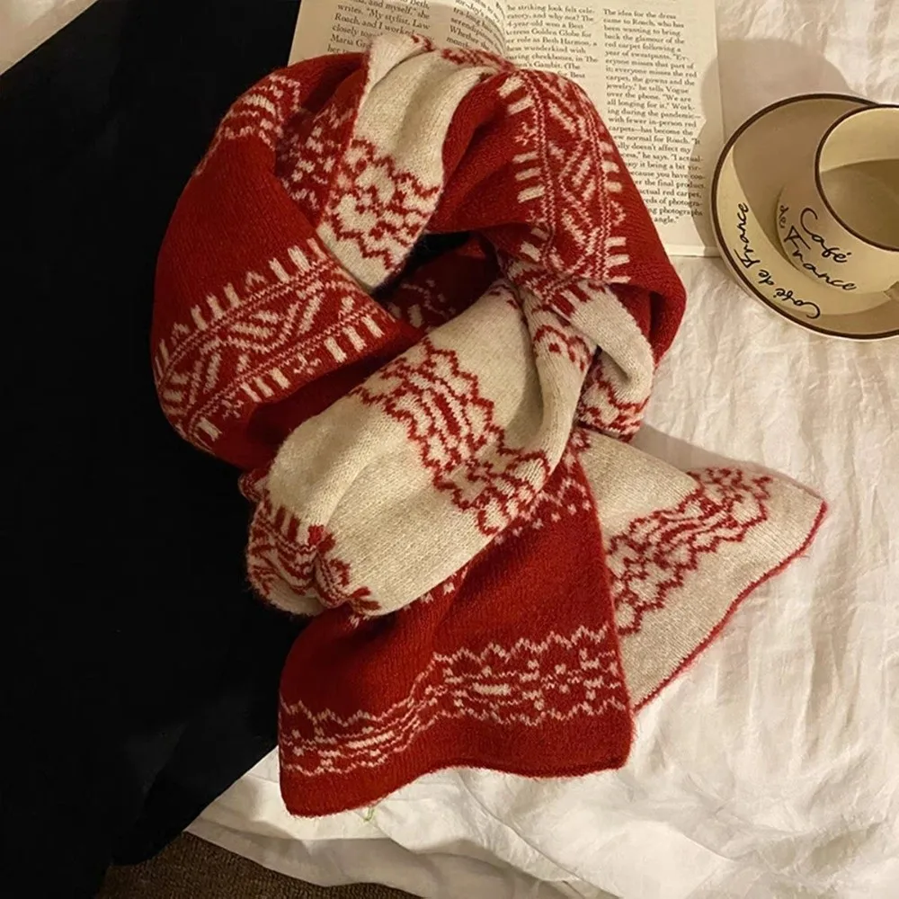 Knitted Fabric Christmas Scarf Double-Sided Warm Knitted Scarf Snowflake Pattern Korean Style Neck Wrap Student Accessories