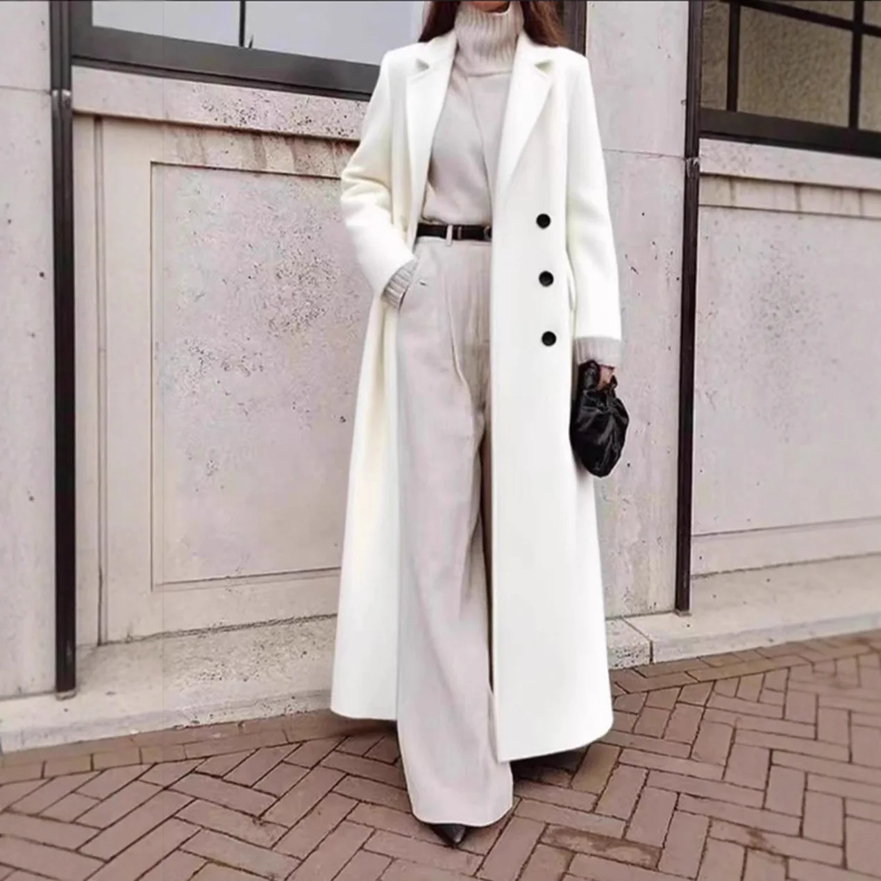 معطف صوف دافئ كاجوال متعدد الألوان لخريف وشتاء 2025 طويل بلون سادة