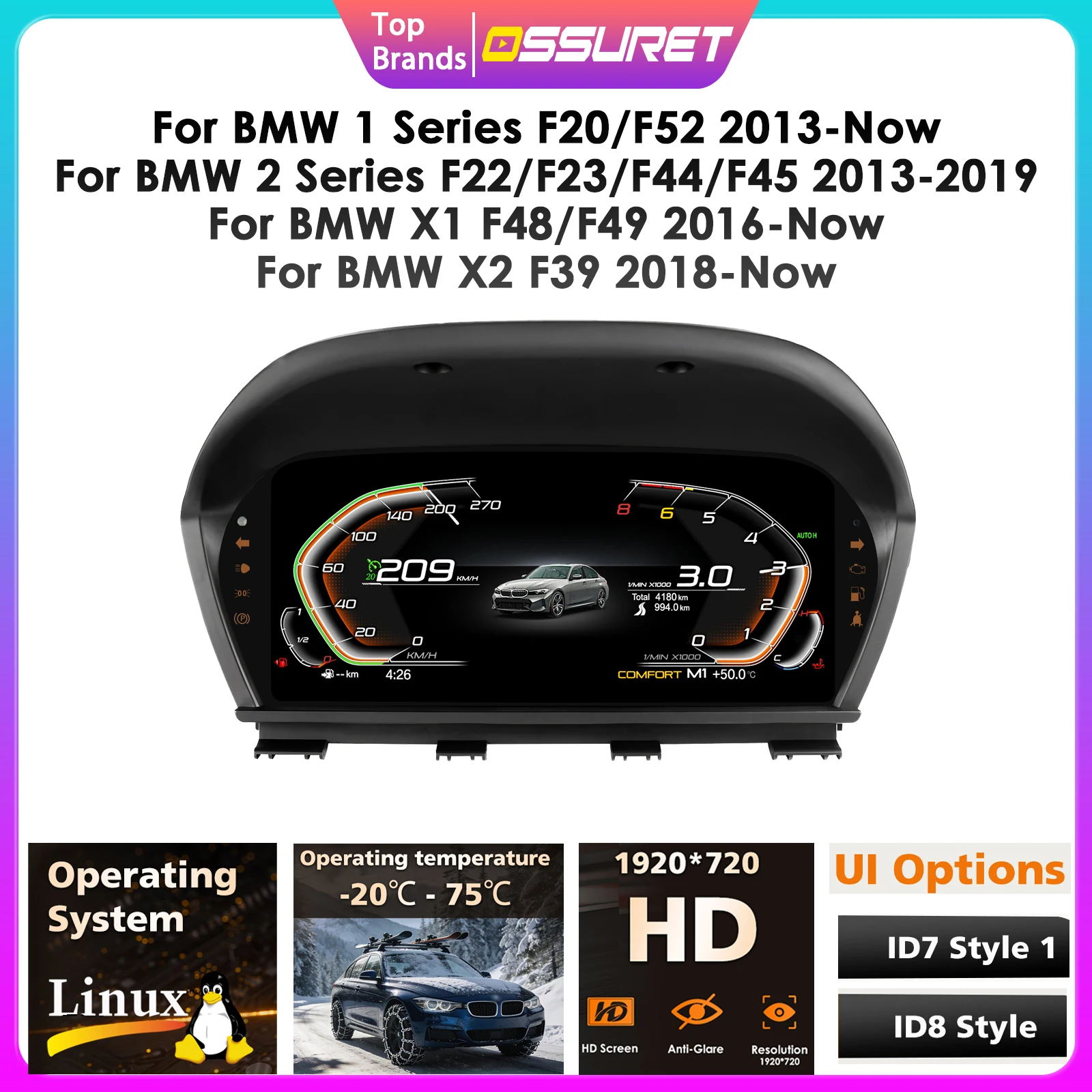 Digitales Auto-Armaturenbrett für BMW 1/2er Serie F20 F52 F22 F23 F44 F45 für BMW X1 X2 F48 F49 F39 Tachometer-Display Auto LCD-Armaturenbrett