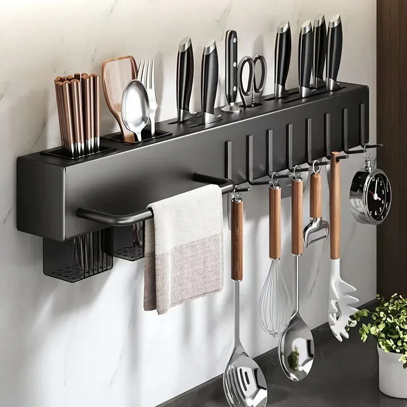 1pc Utensil Holder, Wall-mounted Stainless Steel Kitchen Utensil Tool Holder, Multi-functional Punching-free  Rack With 8 , For