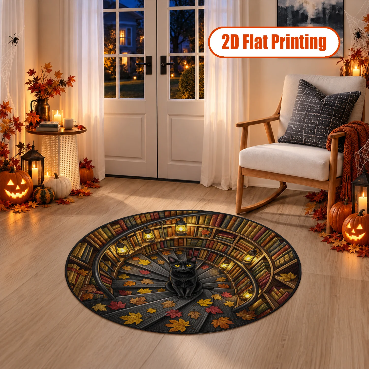 Black Cat Spiral Stairs Autumn Leaves Books Pattern Round Velvet Area Rug Machine Washable for Living Room Bedroom Entryway Home Office, Ideal for Halloween Thanksgiving Black Friday Christmas New Year Home Decor
