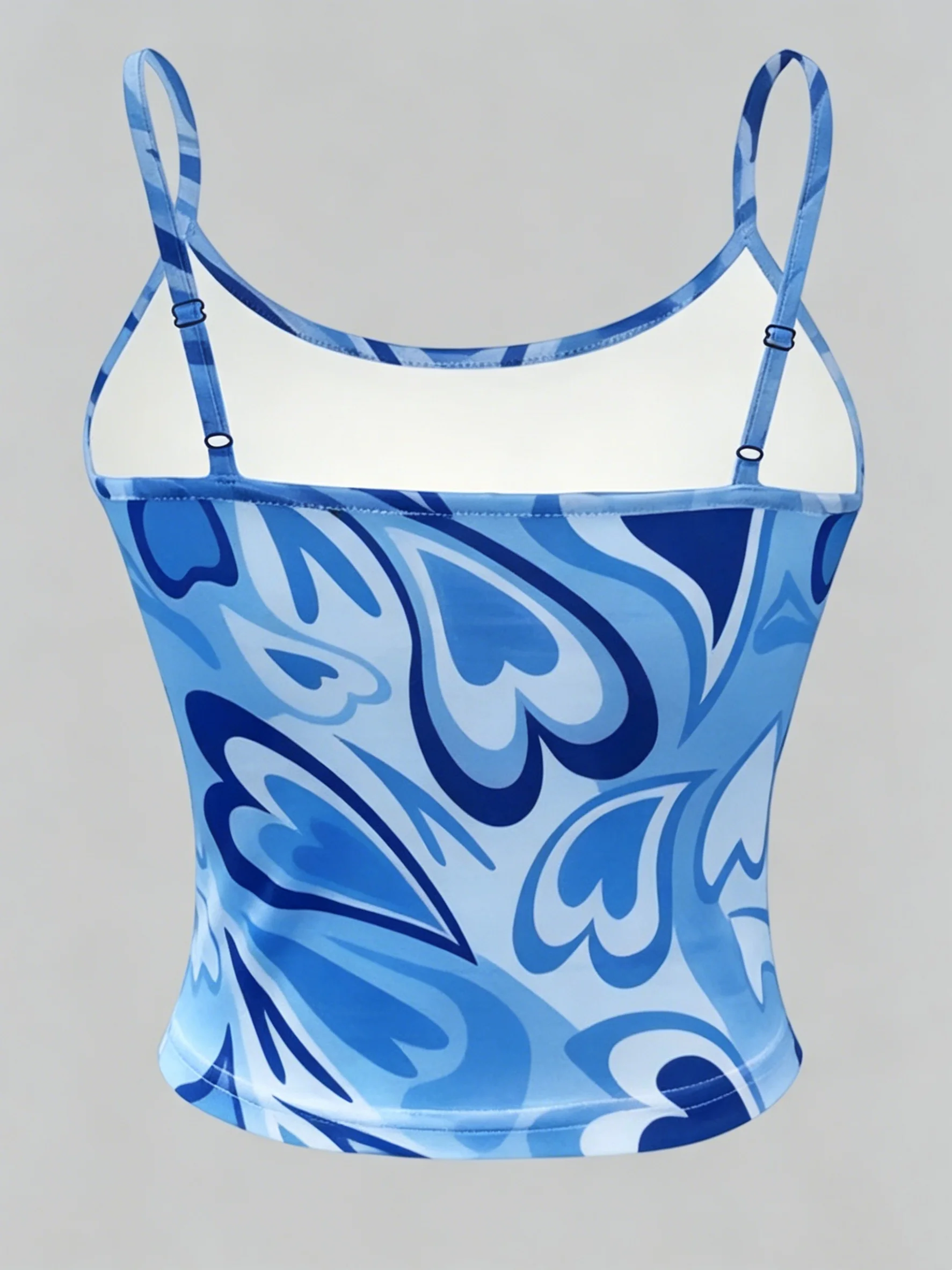 Women Blue Heart Print Spaghetti Strap Cami Top Casual Slim Fit Sleeveless Form Fitting Camisole For Daily Wear & Summer Streetw