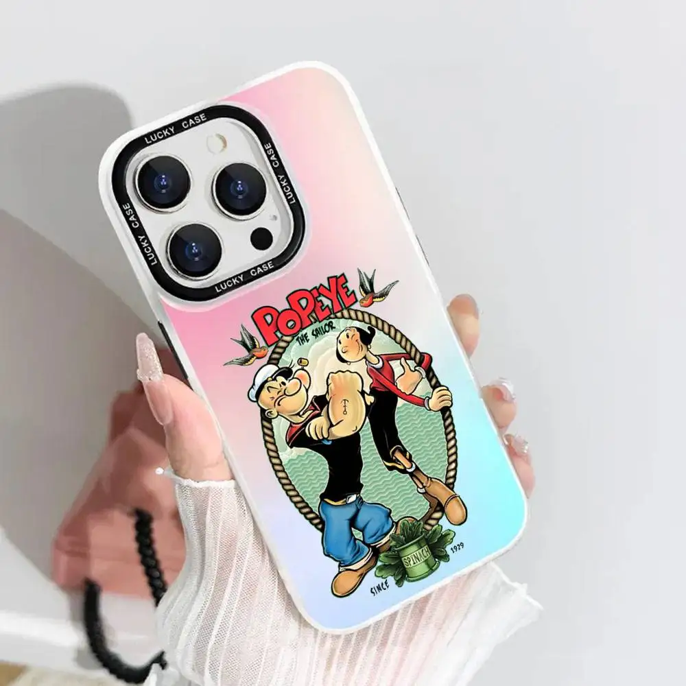 1pc Cute Cartoon P-Popeye Phone Case Laser IMD Color Silver Shell For IPhone 17 16 15 14 13 12 11 Air Pro Max Plus