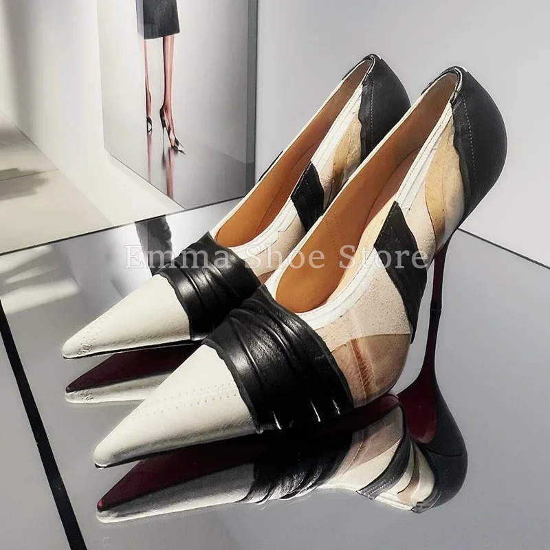 

Designer Pointed Toe High Heels Women's Pumps Mixed Colors Cowhide Spliced Wedding Dress Shoes Elegant Stiletto Ladies Shoes