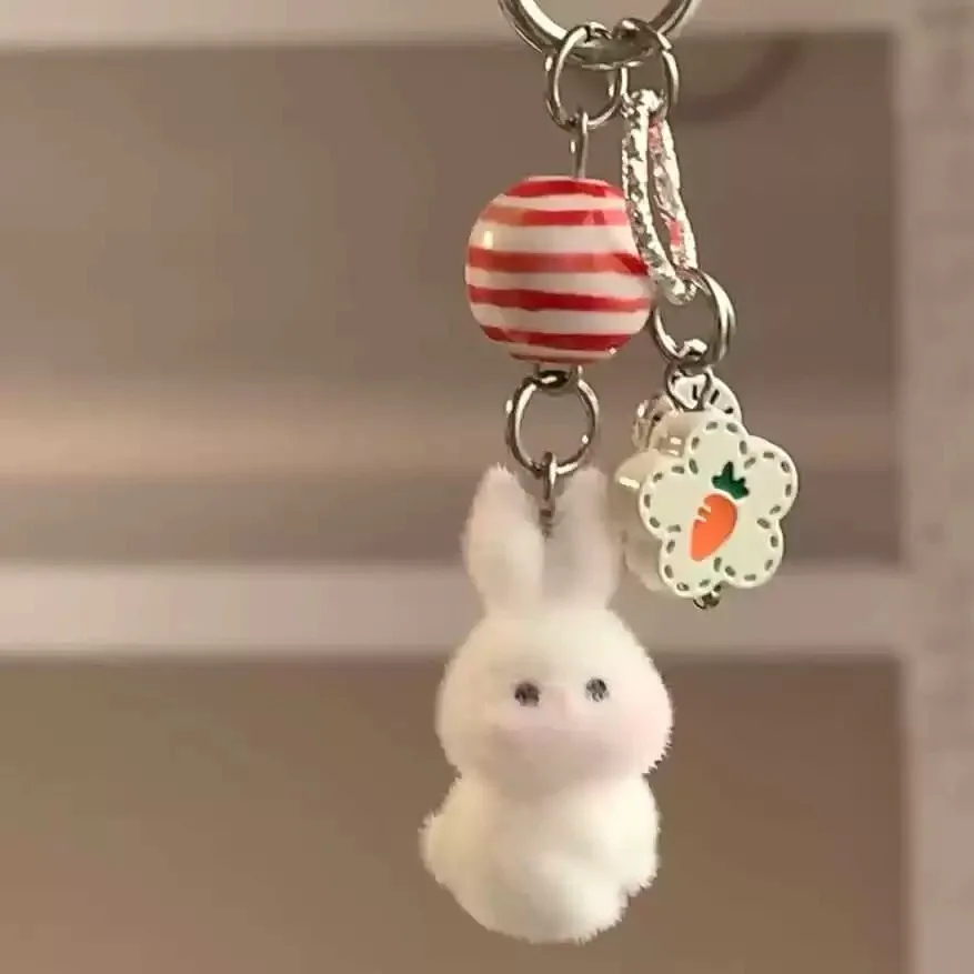 Flocking Bunny Key Chain Lovely 3d Carrot Rabbit Mobile Phone Pendant Bag Keychain Diy Beading Accessories Key Ring Crafts